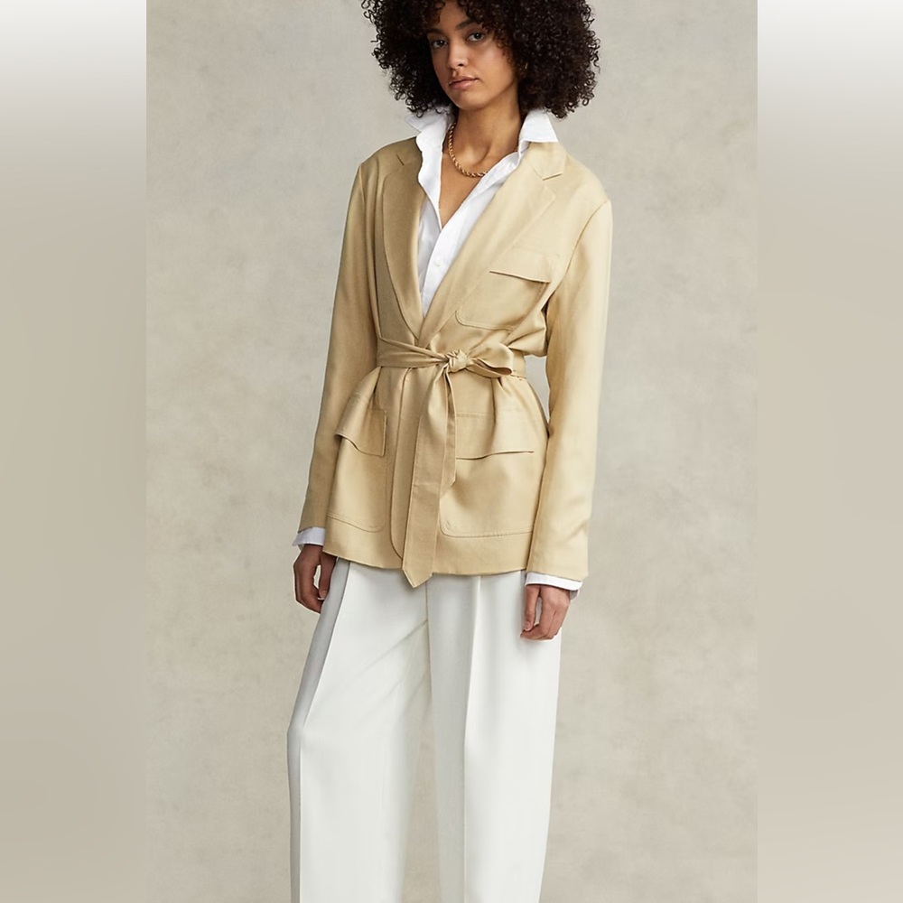 Polo Ralph Lauren Women's Tan Belted Jacket Silk and Wool Blazer